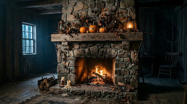 Cozy Rustic Stone Fireplace with Autumn Pumpkins and Warm Fire