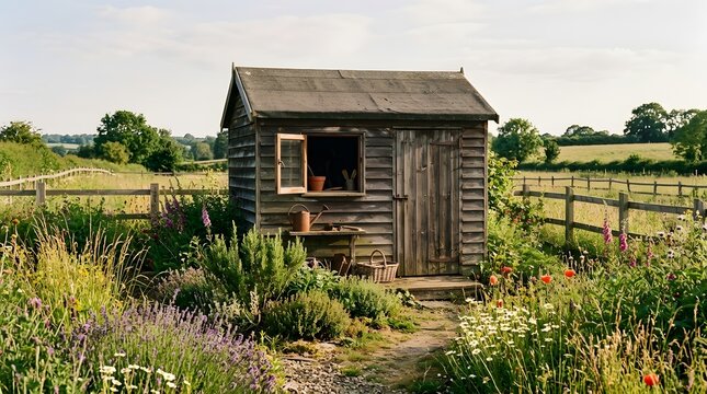 Rustic Wooden Garden Shed Surrounded by Lush Summer Flowers