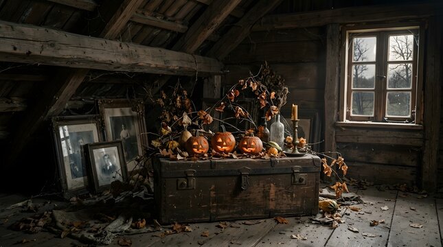 Spooky Halloween Attic with Carved Pumpkins and Vintage Wooden Chest