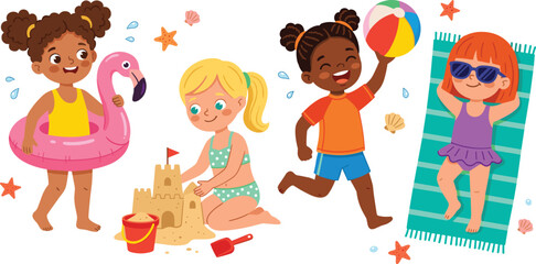 Diverse Happy Kids Beach Holiday Vector Set with Children Playing in Sand Sunbathing Running with Ball and Inflatable Flamingo Float Designs