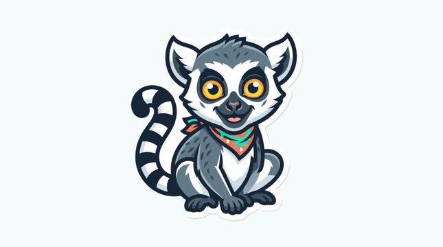 Cute ring-tailed lemur sitting with striped tail and orange bandana, sticker style illustration, isolated on white background, great for print design.
