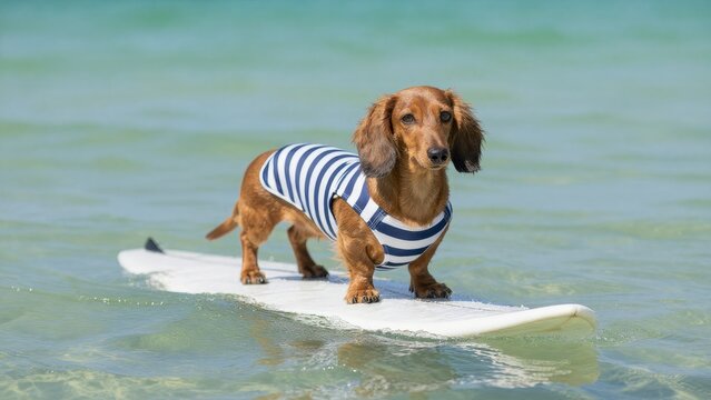 Dog on Surfboard in Summer Waves at a Sandy Beach Location