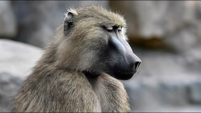 Monkey looks straight at the camera with a serious expression in a natural setting during daytime