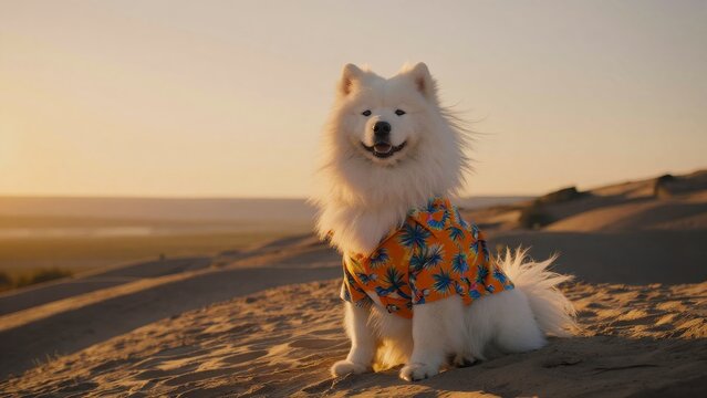 Playful Samoyed Dog in Tropical Shirt on Desert Landscape at Sunset