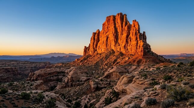 Majestic Red Rock Mesa Glowing in Golden Hour Sunset Light in a Vast Desert Canyon Landscape with Distant Mountains