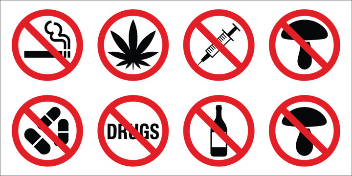 Say no to drugs icon set featuring prohibited cigarette smoking, alcohol drinking, drug use, and pill consumption symbols, black silhouette addiction prevention pictograms for health awareness