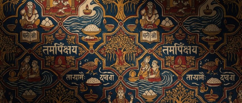 Traditional Indian cultural textile pattern with decorative motifs and warm lighting
