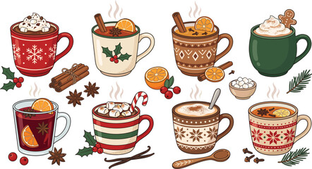 Fototapeta premium Christmas holiday winter hot drinks collection featuring mulled wine cocoa with marshmallows cider coffee mugs and spices flat vector illustration