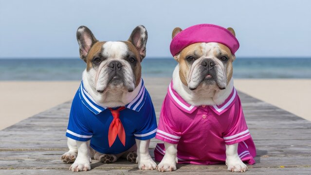 Two French Bulldogs Dressed in Colorful Attire by the Beach