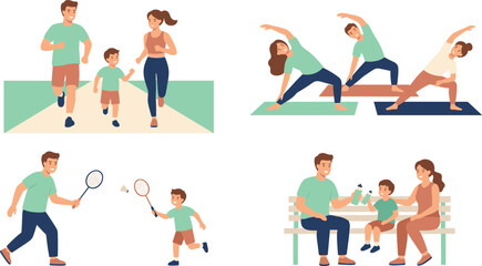 Fototapeta premium Happy Family Active Lifestyle Character Set with Parents and Son Jogging Doing Yoga Exercises Playing Badminton and Resting on Bench