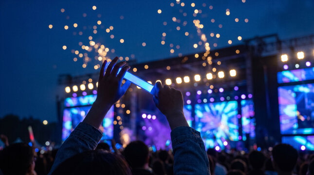 Concert audience holding up glowing blue light sticks at a night music festival with stage lights and bokeh sparks in the background
