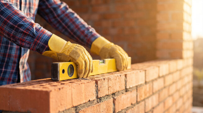 Construction worker using a spirit level tool to check the alignment of a newly built red brick wall on a sunny building site