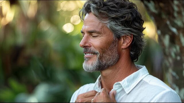 Man smiles in a sunny outdoor setting surrounded by green plants during the day