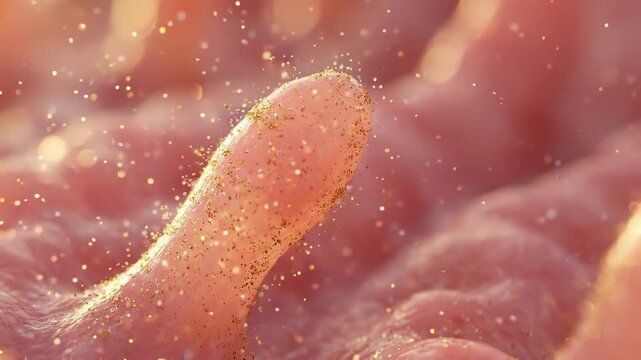 Close Up of Single Intestinal Villus Surrounded by Probiotic Dust on Soft Pink Mucosal Tissue Background