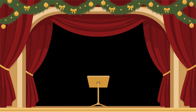 Festive stage setup features deep red curtains draped with green Christmas garlands, gold baubles, and a golden music stand in the center space.