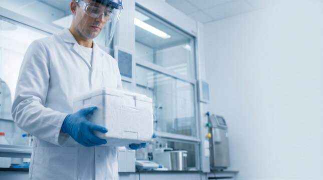 Scientist in a laboratory holding a styrofoam container for medical samples