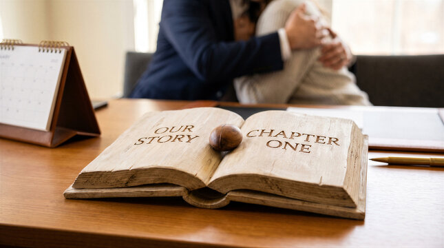 A wooden book sculpture with the text our story chapter one sits on a desk with a blurred couple embracing in the background