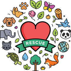 Fototapeta premium Animal Rescue Badge with Heart and Cute Wildlife Illustration