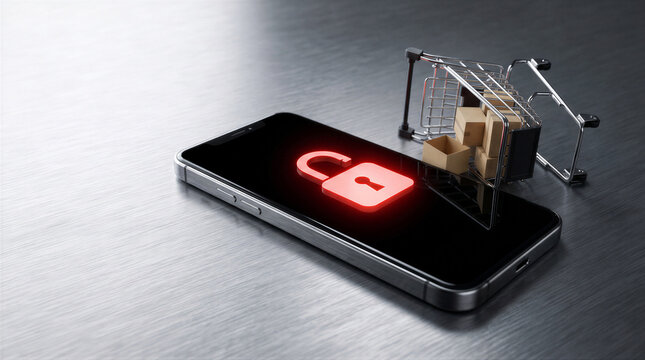 Smartphone with an unlocked padlock icon on the screen next to a small shopping cart with cardboard boxes on a metallic surface
