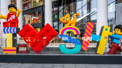 Fototapeta premium I love Shanghai sign made of Lego bricks in front of Lego store on Nanjing East road in Shanghai China