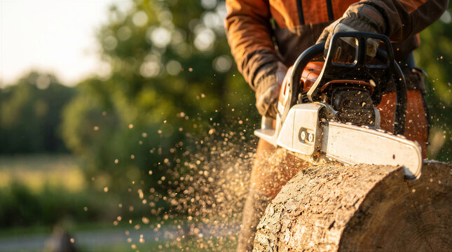 Professional lumberjack using a chainsaw to cut a large wooden log in a forest setting during a sunny day