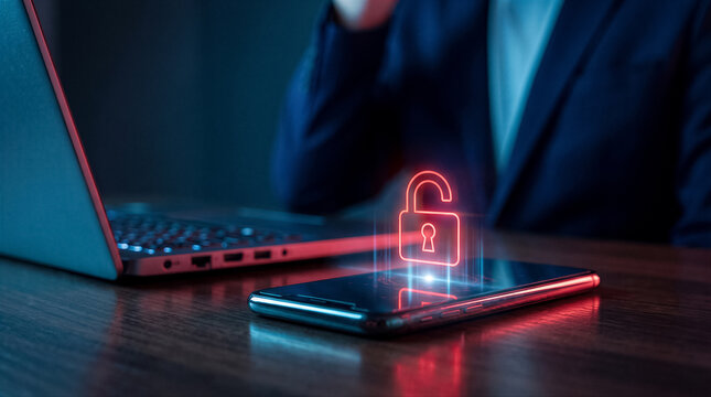 Cybersecurity concept with a glowing red unlocked padlock icon hovering above a smartphone on a wooden desk next to a laptop