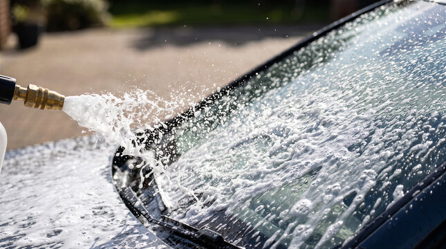 Closeup of a foam cannon spraying thick white soap suds onto a dark car windshield during a professional vehicle wash