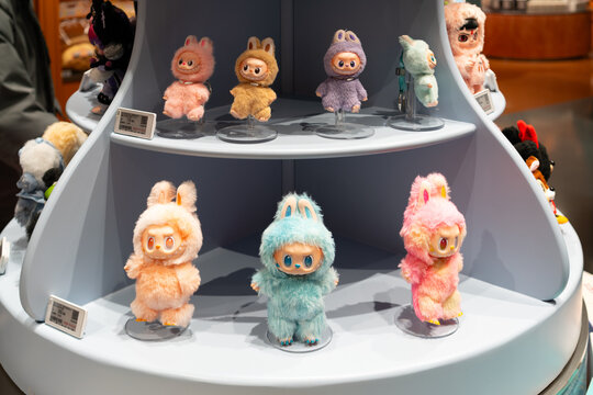 Labubu plush toys display inside a Pop Mart store in Shanghai China
