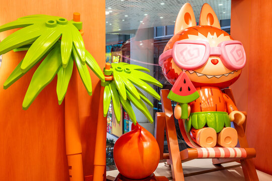 Giant Labubu statue display decoration inside a Pop Mart store in Shanghai China