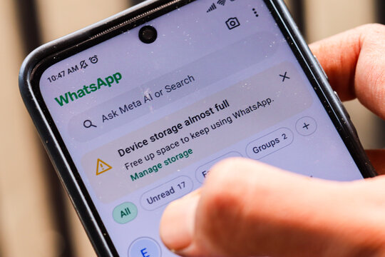 WhatsApp device storage almost full warning displayed on a smartphone screen. Depok, Indonesia 19 August 2026.