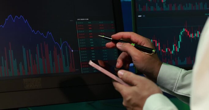Hands using a smartphone and pen in front of stock market charts on computer screens, financial data analysis and trading activity