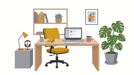 Fototapeta premium Home Office Workspace with Laptop Desk and Yellow Chair Illustration
