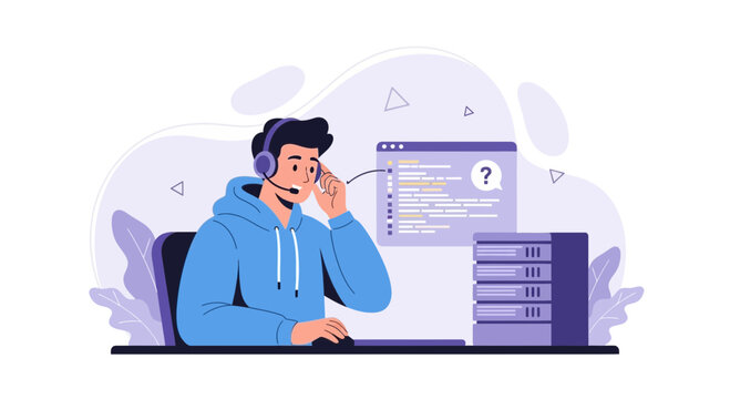Tech Support Operator with Headset at Computer, Coding Screen and Server Racks