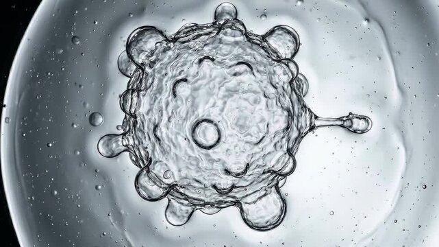 Cancer Cell Membrane Forming Blebs in Clear Extracellular Fluid with Stark Top-Down Microscopic Studio Light
