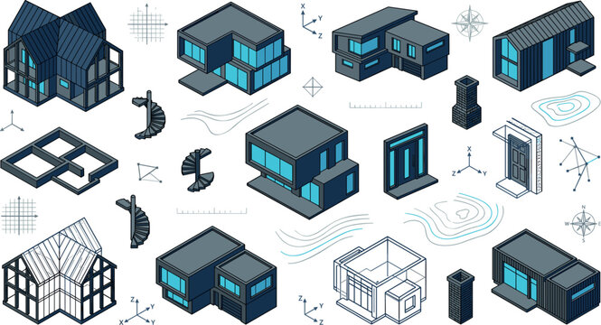 Modern Isometric House Architecture Vector Element Set Featuring Contemporary Modular Buildings, Framework Blueprints, Stairs, and Engineering Symbols for Real Estate Tech Designs