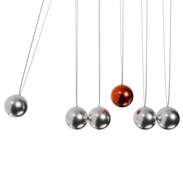 A 3D rendering of a Newton's cradle where a single red sphere breaks the synchronized motion, symbolizing betrayal, disruption, and an uncooperative work environment