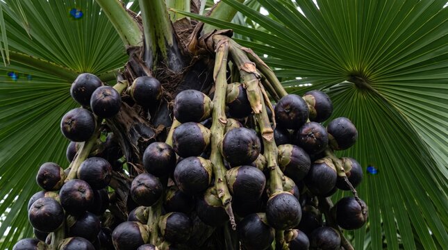 A close-up view of a cluster of dark purple, round palmyra palm fruits hanging from a thick, fibrous stalk, surrounded by large, fan-shaped green palm leaves in a tropical outdoor setting