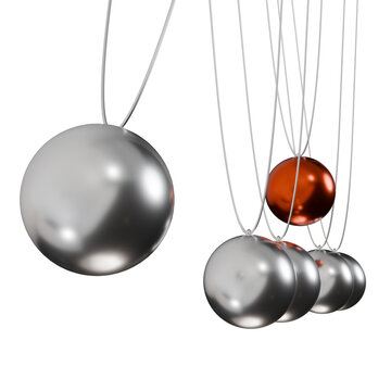 A 3D rendering of a Newton's cradle where a single red sphere breaks the synchronized motion, symbolizing betrayal, disruption, and an uncooperative work environment