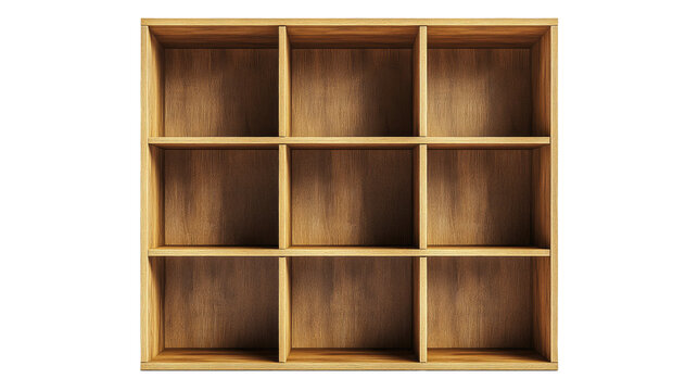 The image shows a wooden grid style shelf with nine equally sized compartments arranged in three rows and three columns