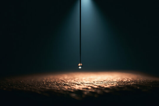 Dramatic low-angle photo of a hypodermic needle preparing for injection under overhead surgical lights