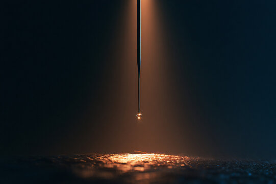 Dramatic low-angle photo of a hypodermic needle preparing for injection under overhead surgical lights