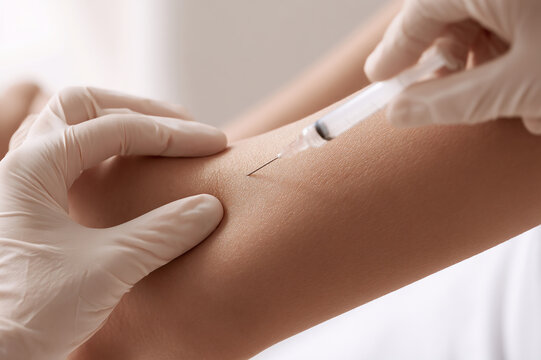 First-person POV close-up of a hypodermic needle injection into a forearm