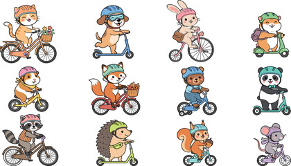 Cute Animal Kids Riding Bicycle and Scooter Cartoon Character Collection Flat Vector Illustration Set