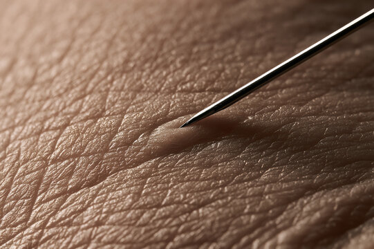 Ultra-macro photo of a steel needle tip touching human skin