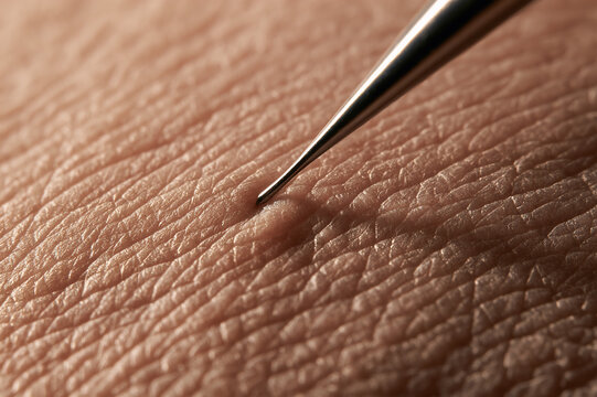 Ultra-macro photo of a steel needle tip touching human skin
