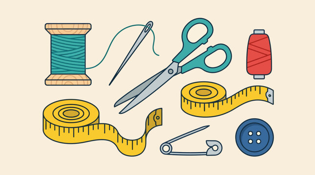 Sewing tools vector illustration set with scissors thread spool needle measuring tape safety pin and button for craft design