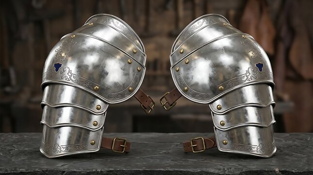 Pair of polished steel medieval pauldrons on a stone table in a blacksmith workshop.