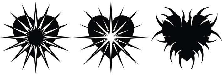 Obraz premium Stylized heart vector silhouettes with spiked and flame-like decorative elements for tattoo, logo, and graphic design use