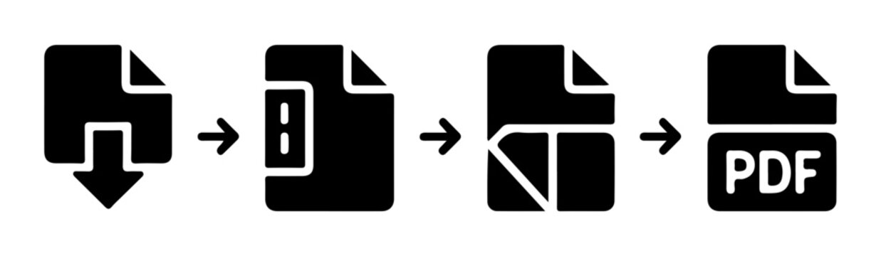 Document conversion process sequence showing file download to pdf transformation with black arrow indicators.