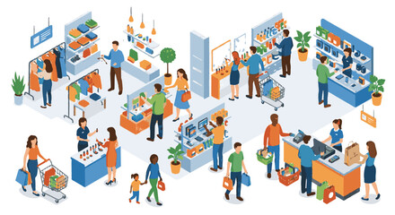 Naklejka premium Isometric People Shopping Activity Vector for Modern Retail Experience